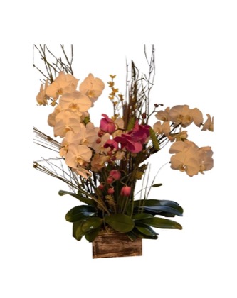 Arrangement no. 14 — Warm peach and pink orchid arrangement with branch accents in a wooden box